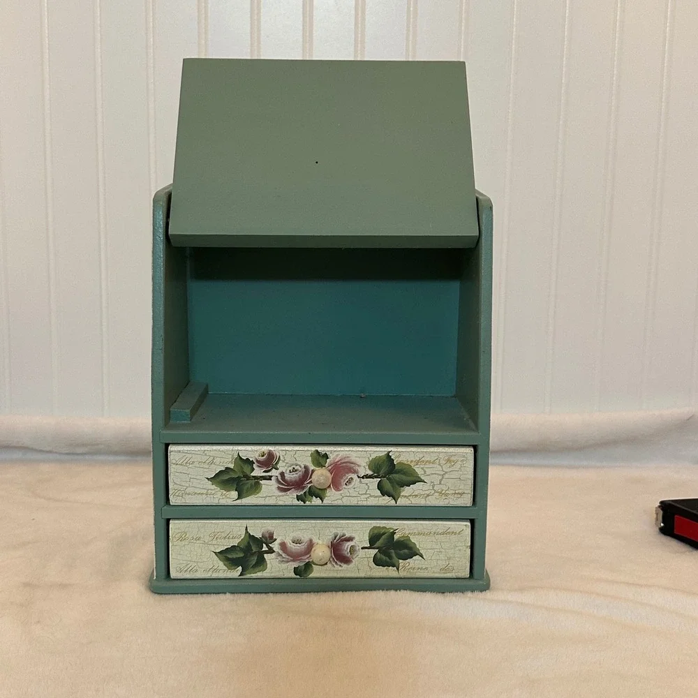 Unbranded Wooden Jewelry Box Green Excellent Floral Shabby Chic 3-Tier Floral